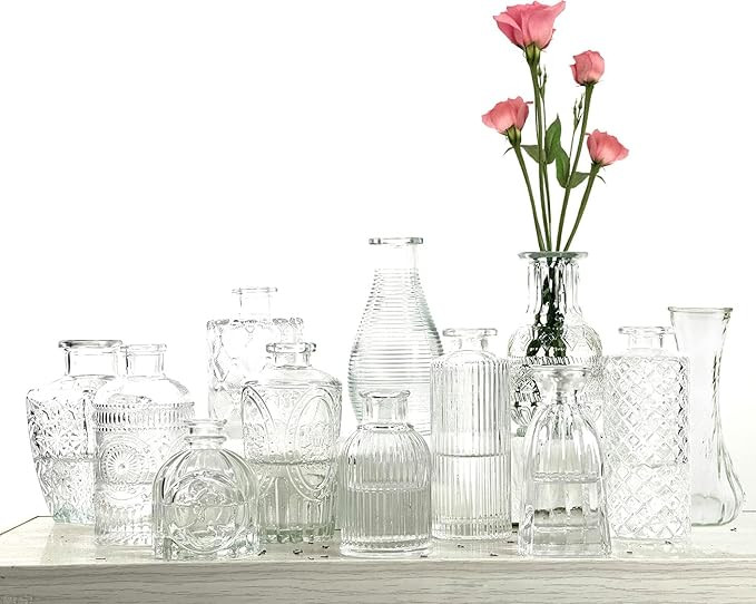 Glass Bud Vase Set 12, Small Flower Vases for Wedding Centerpiece Table Decorations Clear Vintage... | Amazon (UK)