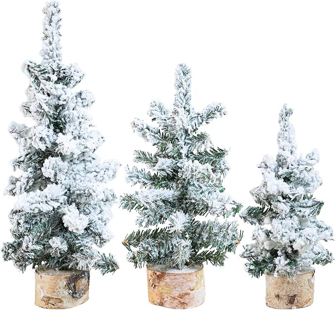 Winlyn Set of 3 Mini Artificial Christmas Trees with Wood Base Flocked Canadian Pine Tree Snowy T... | Amazon (US)