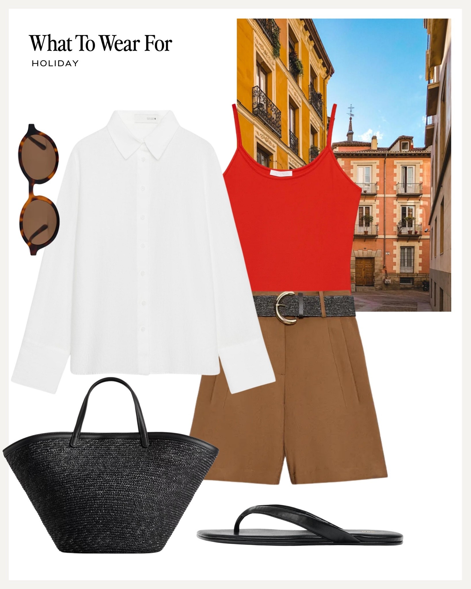 Holiday outfit ☀️ 

Zara new in, beige shorts, red vest, white linen shirt, black straw bag, vacation style

#LTKsummer #LTKuk