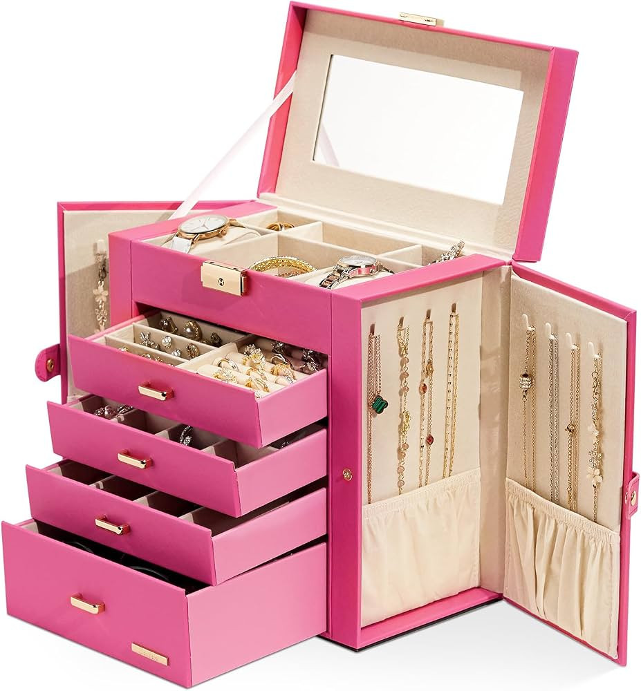 Homde Synthetic Leather Huge Jewelry Box Mirrored Watch Organizer Necklace Ring Earring Storage L... | Amazon (US)
