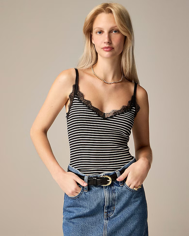 Fine rib lace-trim tank top in stripe | J. Crew US