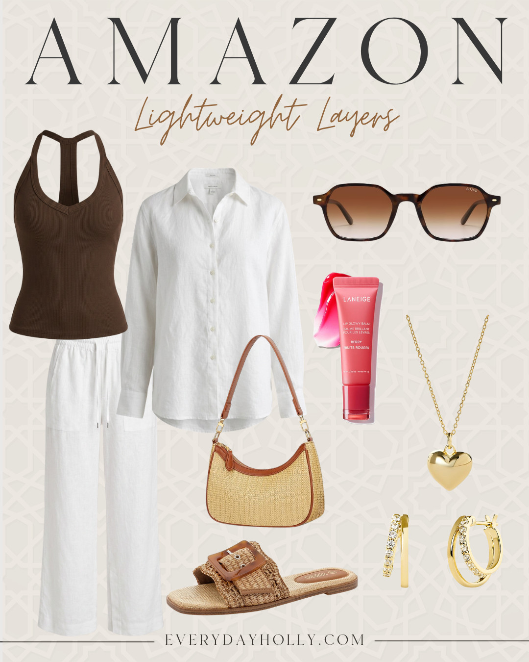A lightweight linen set is one of the smartest things to pack for summer because every piece works together or separately. I’d wear the brown ribbed tank with the linen pants for sightseeing, then add the button down when the sun goes down. The woven bag, sandals, sunglasses, and gold jewelry keep the whole look polished without adding bulk to a suitcase.

Amazon fashion find, linen outfit, lightweight layers, summer travel outfit, vacation capsule wardrobe, ribbed tank, linen pants, button down shirt, woven handbag, summer accessories, EverydayHolly 

 #LTKgrwm #LTKootd #LTKSeasonal