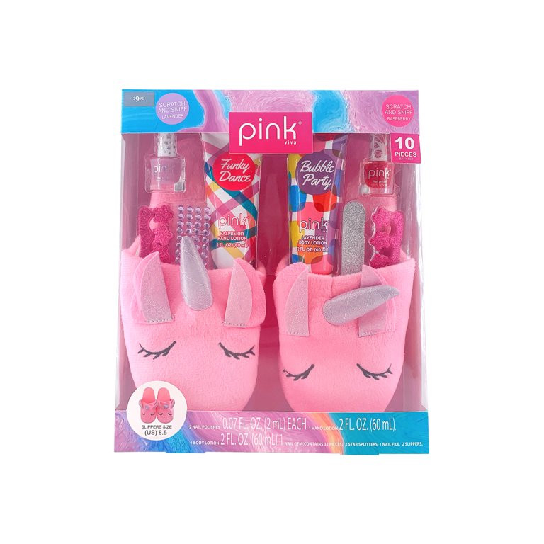 Pink Viva Bath Gift Set with Plush Unicorn Slippers, Raspberry & Lavender, 10 Piece Set | Walmart (US)