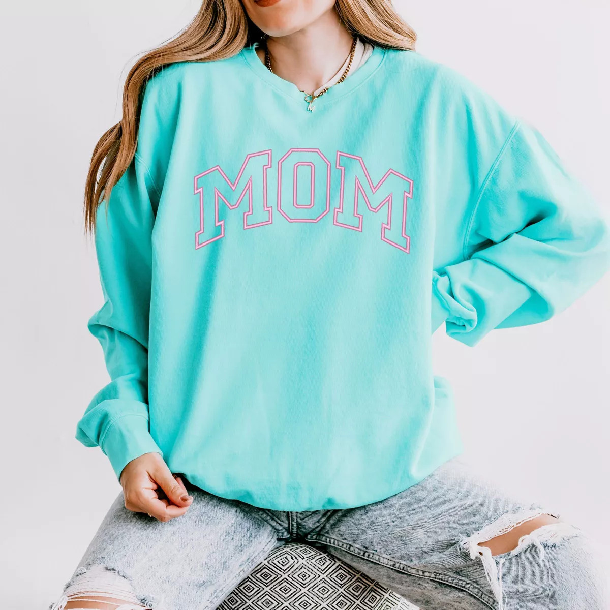 Simply Sage Market Embroidered Mom Varsity Outline Lightweight Garment Dyed Sweatshirt - S - Chal... | Target