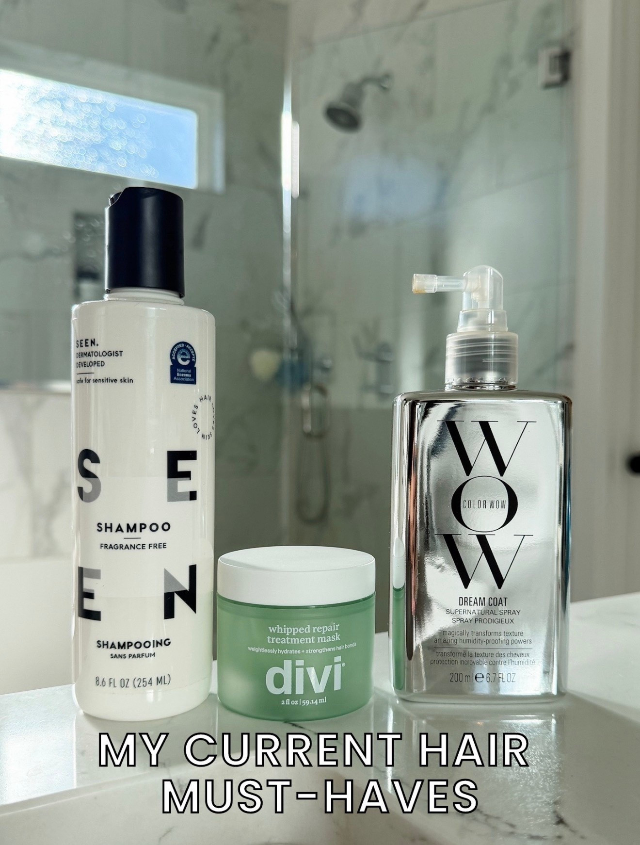My current hair care product 🤍 I switched to SEEN— a fragrance free shampoo with clean ingredients, and I’m loving this Divi whipped hair mask. Then every 3 to 4 washes I use WOW dream coat to help take frizz and give my hair a healthy shine ✨ 

#LTKBeauty #LTKOver40 #LTKmorningroutine