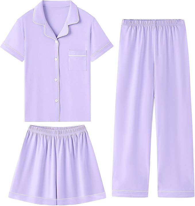 QZH.DUAO Girls 100% Cotton 3pcs Pajama Sets Button Down Short Sleeve Long Pants With Shorts Sleep... | Amazon (US)