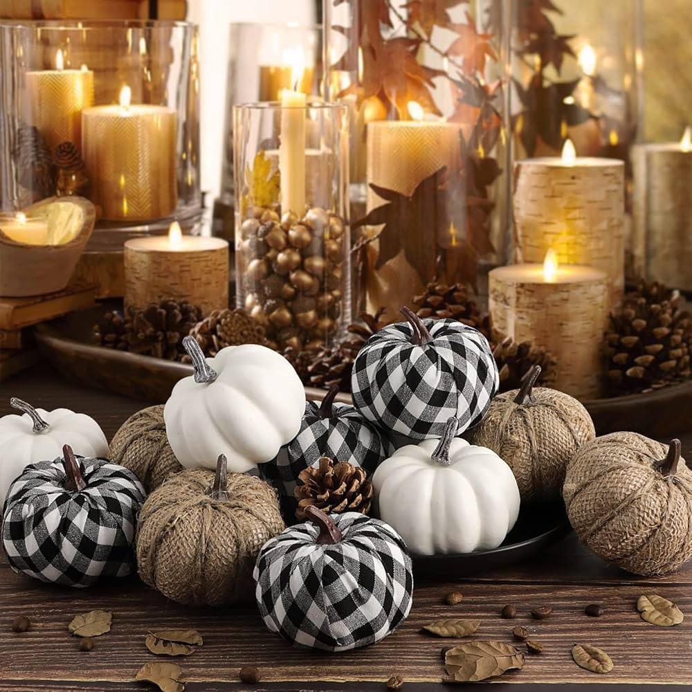 Ywlake 12 Pcs Mixed Assorted Sizes Artificial Pumpkins, Paintable White Fake Pumpkin Plaid Fabric... | Amazon (US)