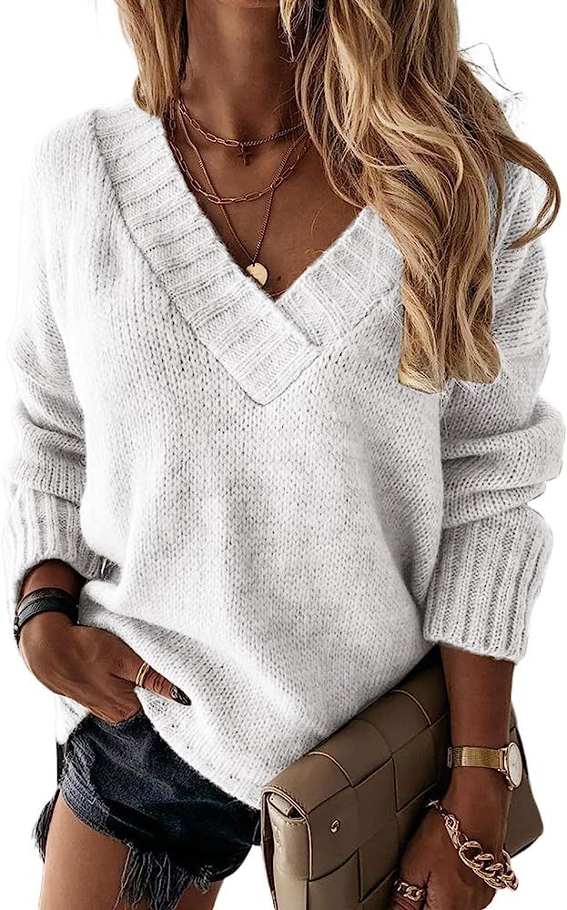 EVALESS Oversized Sweaters for Women Sexy Deep V Neck Long Sleeve Cable Knit Sweater Loose Jumper Tu | Amazon (US)