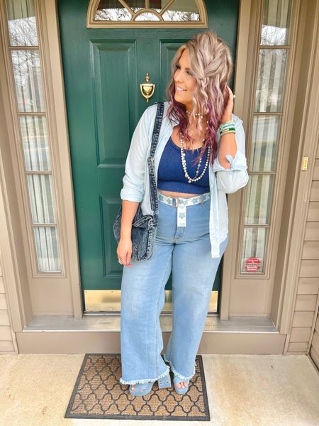 ✨SIZING•PRODUCT INFO✨
⏺ High-Waisted Wide Leg Jeans with Cutoff Bottoms •• 16 •• TTS •• Walmart 
⏺ Blue Cropped Tank •• One Size •• Molly Green
⏺ Button Down Shirt •• linked similar 
⏺ Floral Belt •• One Size •• SHEIN 
⏺ Denim Studded Sandal Heels •• TTS •• DSW 
⏺ Acid Wash Denim Shoulder Bag •• Amazon 
⏺ Colored Heishi Beads •• Coco’s 
⏺ Long Layered Bead Necklace •• Amazon 
⏺ Large Silver Hoops •• Walmart 
⏺ Crescent Moon Boho Necklace •• Amazon

📍Say hi on YouTube•Tiktok•Instagram ✨”Jen the Realfluencer | Decent at Style”

👋🏼 Thanks for stopping by, I’m excited we get to shop together!

🛍 🛒 HAPPY SHOPPING! 🤩

#walmart #walmartfinds #walmartfind #walmartfall #founditatwalmart #walmart style #walmartfashion #walmartoutfit #walmartlook  #amazon #amazonfind #amazonfinds #founditonamazon #amazonstyle #amazonfashion #spring #springstyle #springoutfit #springoutfitidea #springoutfitinspo #springoutfitinspiration #springlook #springfashion #springtops #springshirts #springsweater #denimoutfit #jeansoutfit #denimstyle #jeansstyle #denim #jeans #style #inspo #fashion #jeansfashion #denimfashion #jeanslook #denimlook #jeans #outfit #idea #jeansoutfitidea #jeansoutfit #denimoutfitidea #denimoutfit #jeansinspo #deniminspo #jeansinspiration #deniminspiration  #blue #darkblue #lightblue #navy #navyblue #babyblue #cobaltblue #grayblue #teal #tealblue #blueoutfit #blueoutfitinspo #bluestyle #blueshirt #bluepants #blueoutfitinspiration #outfitwithblue #bluelook #withblue #featuringblue
#boho #bohooutfit #boholook #bohooutfitinspo #bohooutfitinspiration #bohoinspo #bohostyle #bohostyleinspo #bohoclothing #bohoclothes #bohojewelry
#under10 #under20 #under30 #under40 #under50 #under60 #under75 #under100 #affordable #budget #inexpensive #budgetfashion #affordablefashion #budgetstyle #affordablestyle #curvy #midsize #size14 #size16 #size12 #curve #curves #withcurves #medium #large #extralarge #xl


#LTKstyletip #LTKcurves #LTKunder50