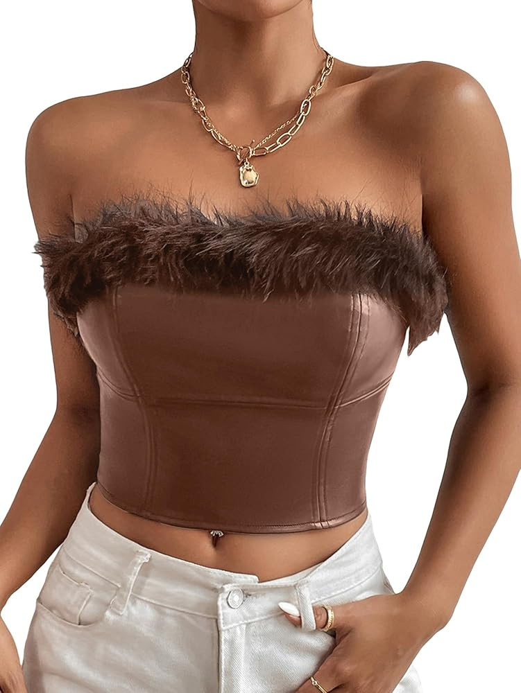 GORGLITTER Women's Feather PU Leather Crop Top Faux Fur Strapless Zip Back Tube Top Bandeau | Amazon (US)