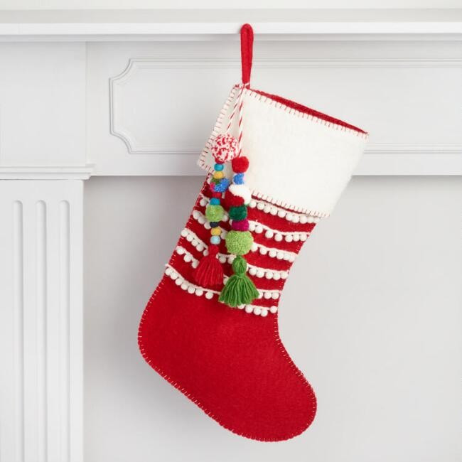 Red Felted Wool Christmas Stocking with Pom Pom Tassels | World Market