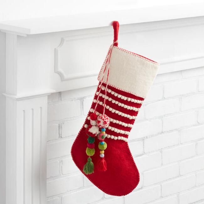 Red Felted Wool Christmas Stocking with Pom Pom Tassels | World Market