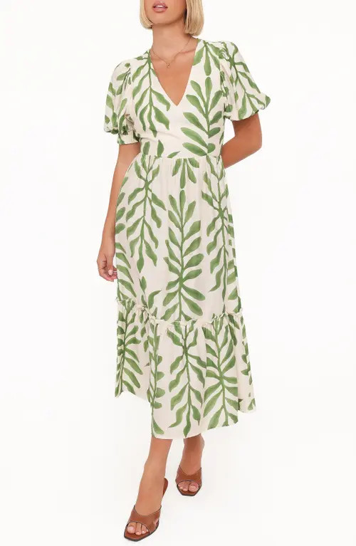 Petal & Pup Steele Puff Sleeve Tiered Midi Dress in Green Palm at Nordstrom, Size Small | Nordstrom