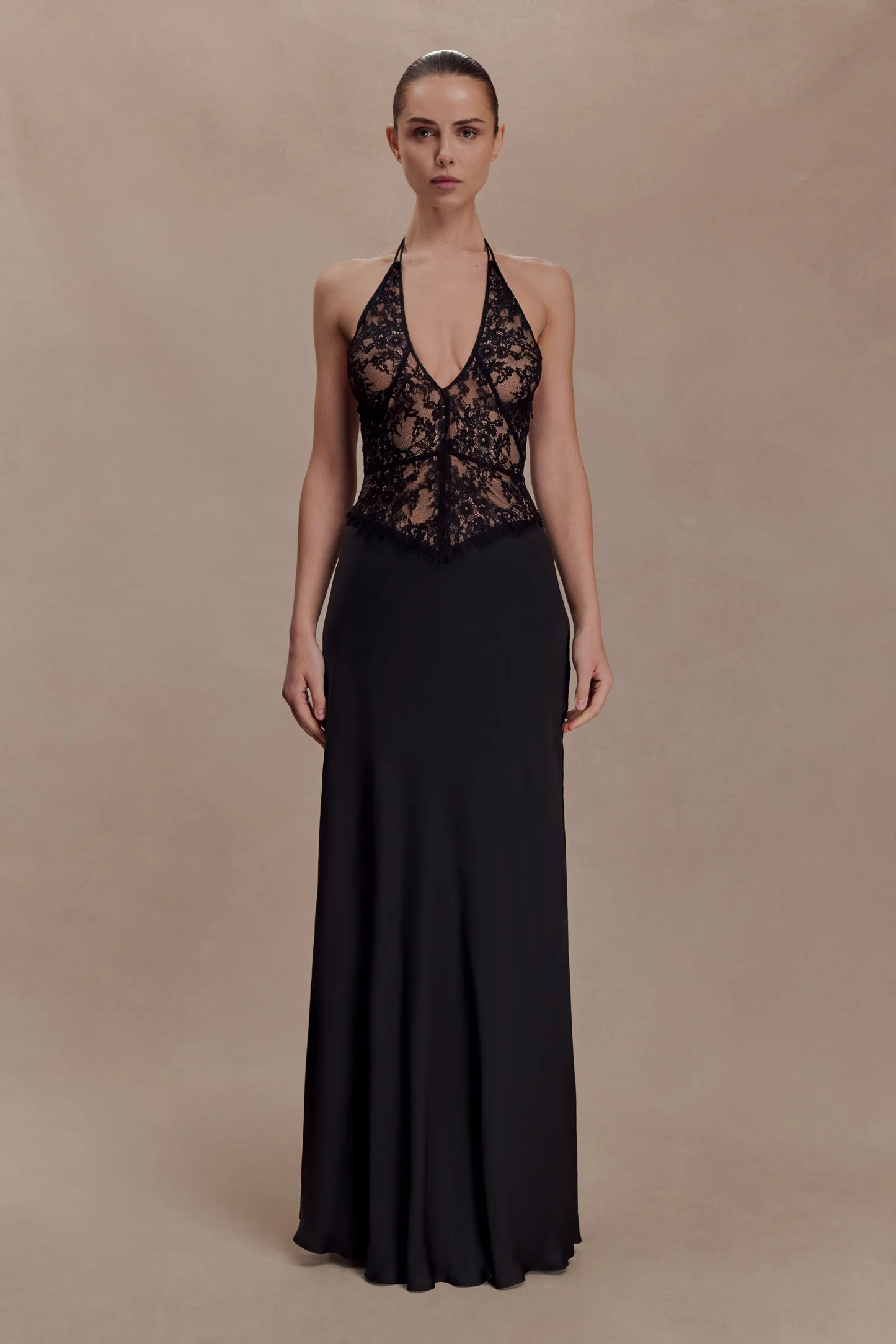Lace And Satin Halter Maxi Dress - Black | MESHKI US
