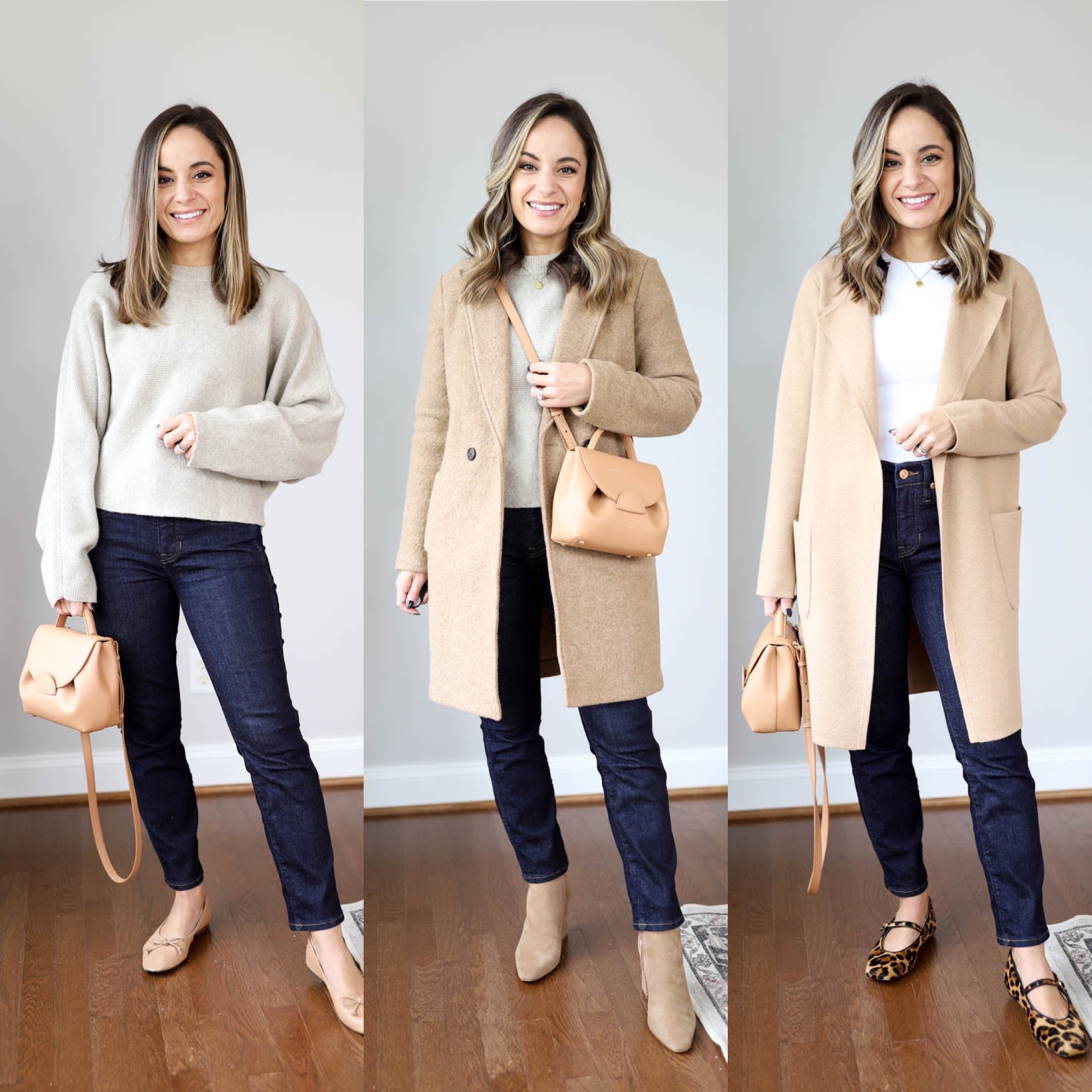 Fall capsule wardrobe 

Taupe sweater: xxs 
Dark jeans: petite 24 
Tan coat: petite 00/xxs 
Cardigan: xxs 
White top: xs 

All shoes tts 
Bag: polene un nano in textured tan 

#LTKSeasonal #LTKstyletip