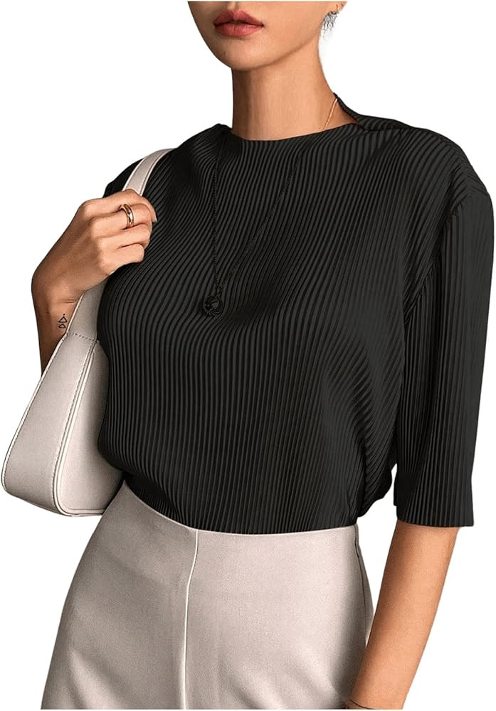 Women's Mock Neck Drop Shoulder Tee Ribbed Knit Half Sleeve T Shirt Solid Summer Tops | Amazon (US)