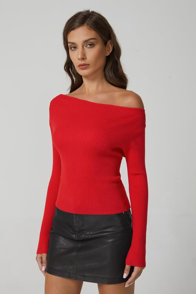 QINSEN Womens Asymmetrical Neck Sweater Slim Fit Long Sleeve Knit Pullover Top | Amazon (US)