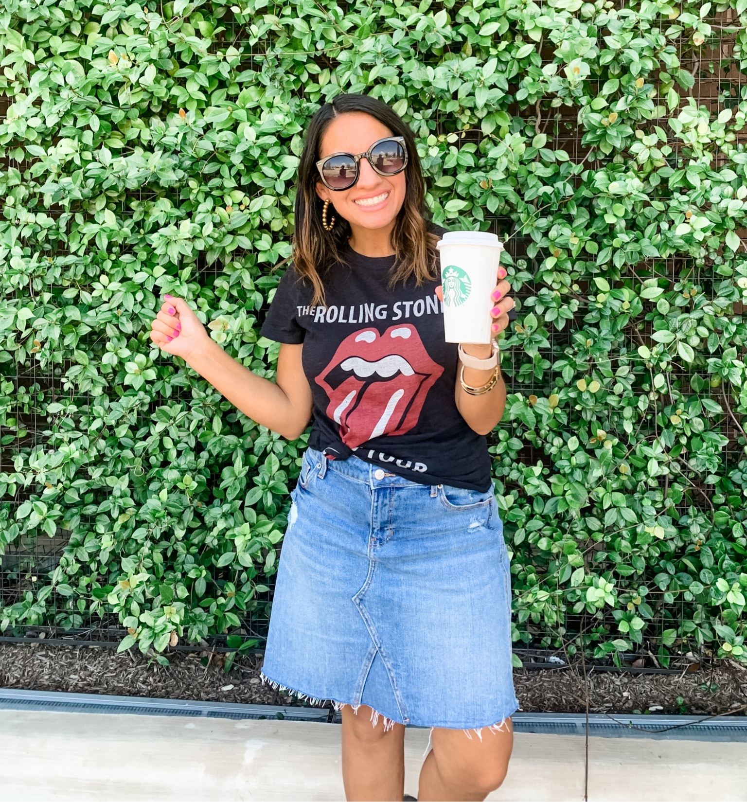 Rolling Stones t-shirt and denim skirt. I love this jean skirt. It runs a little big. Size down 1 if you’re between sizes. It’s an Old Navy find.  The gold hoop earrings are one of my favorite pairs of earrings. I love that they make a statement and don’t weigh a lot  
#ltkpetite 

#LTKfindsunder50 #LTKfindsunder100 #LTKover40