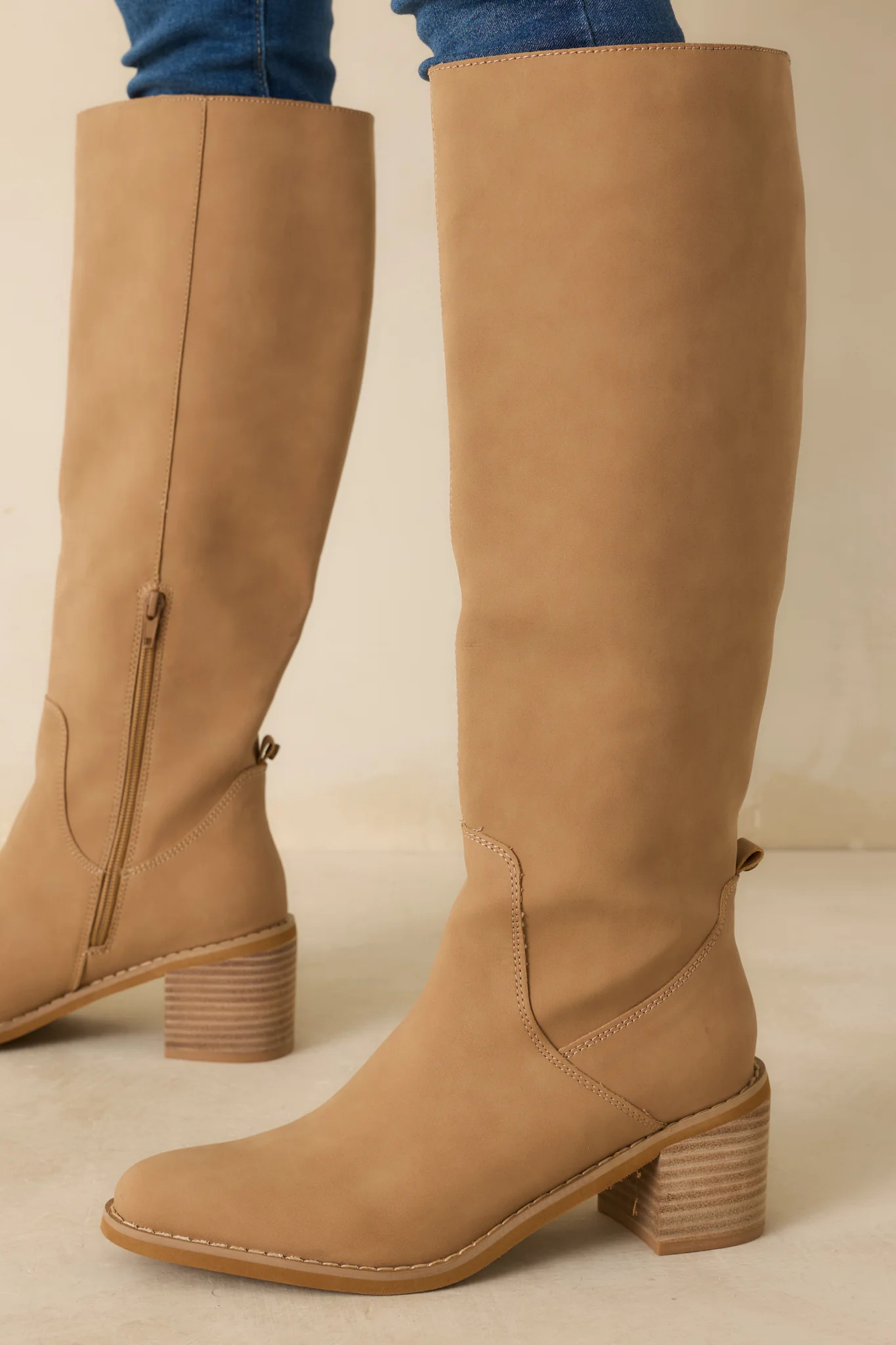 For Good Reason Camel Pointed Toe Knee High Boots | Red Dress