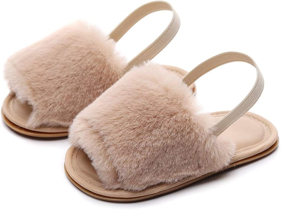 Bebila Summer Baby Girls Sandals Faux Fur Slides with Elastic Back Strap Flats Shoes Rubber Sole ... | Amazon (US)