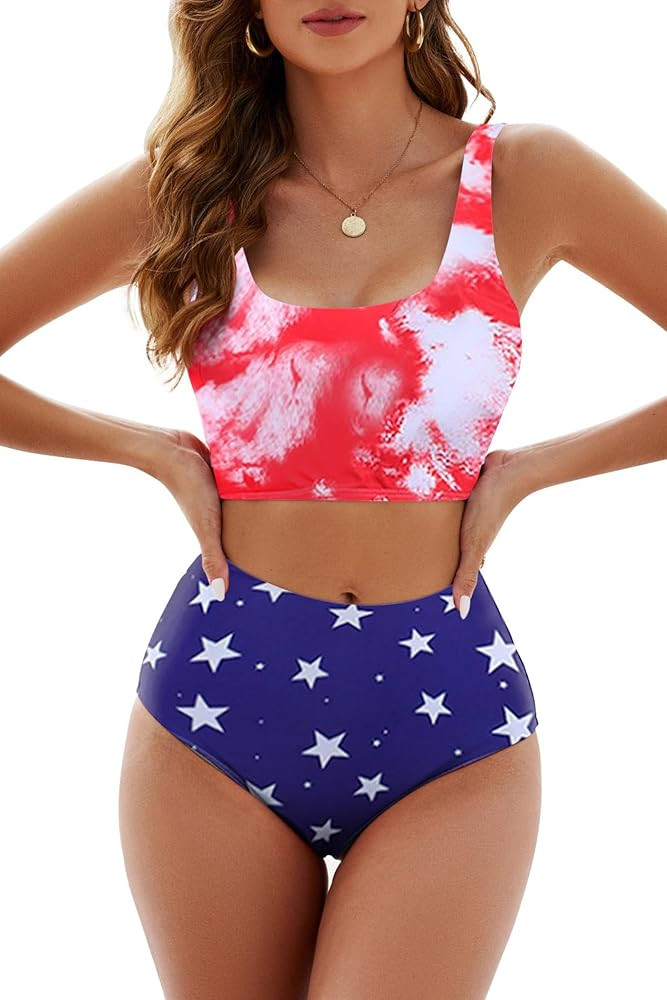 Adisputent Womens High Waisted Bikini Color Block Swimwear Bandeau Top Sports Style Scoop Crop Sw... | Amazon (US)