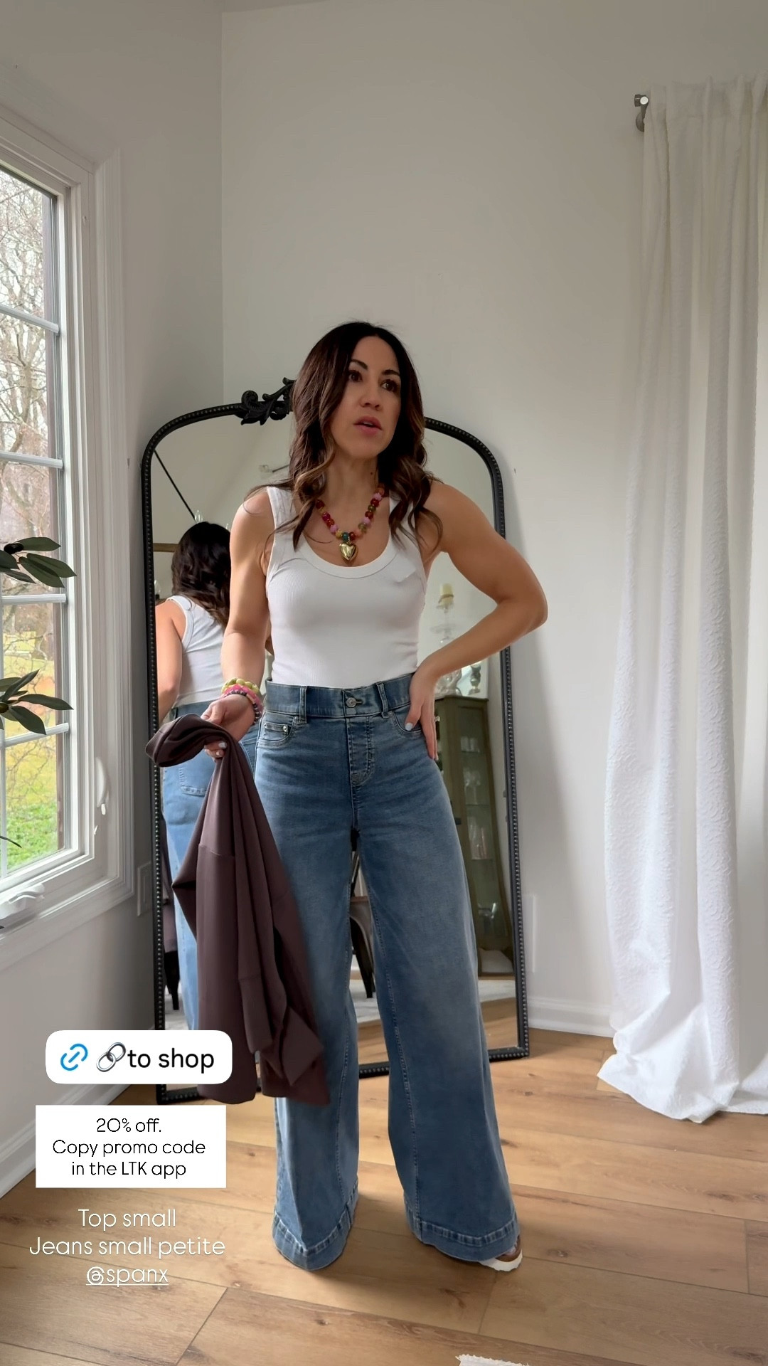 Copy the promo code for 20% off @Spanx. Wearing small petite wide leg jeans. Small top.



#LTKPetite #LTKSpringSale #LTKOver40