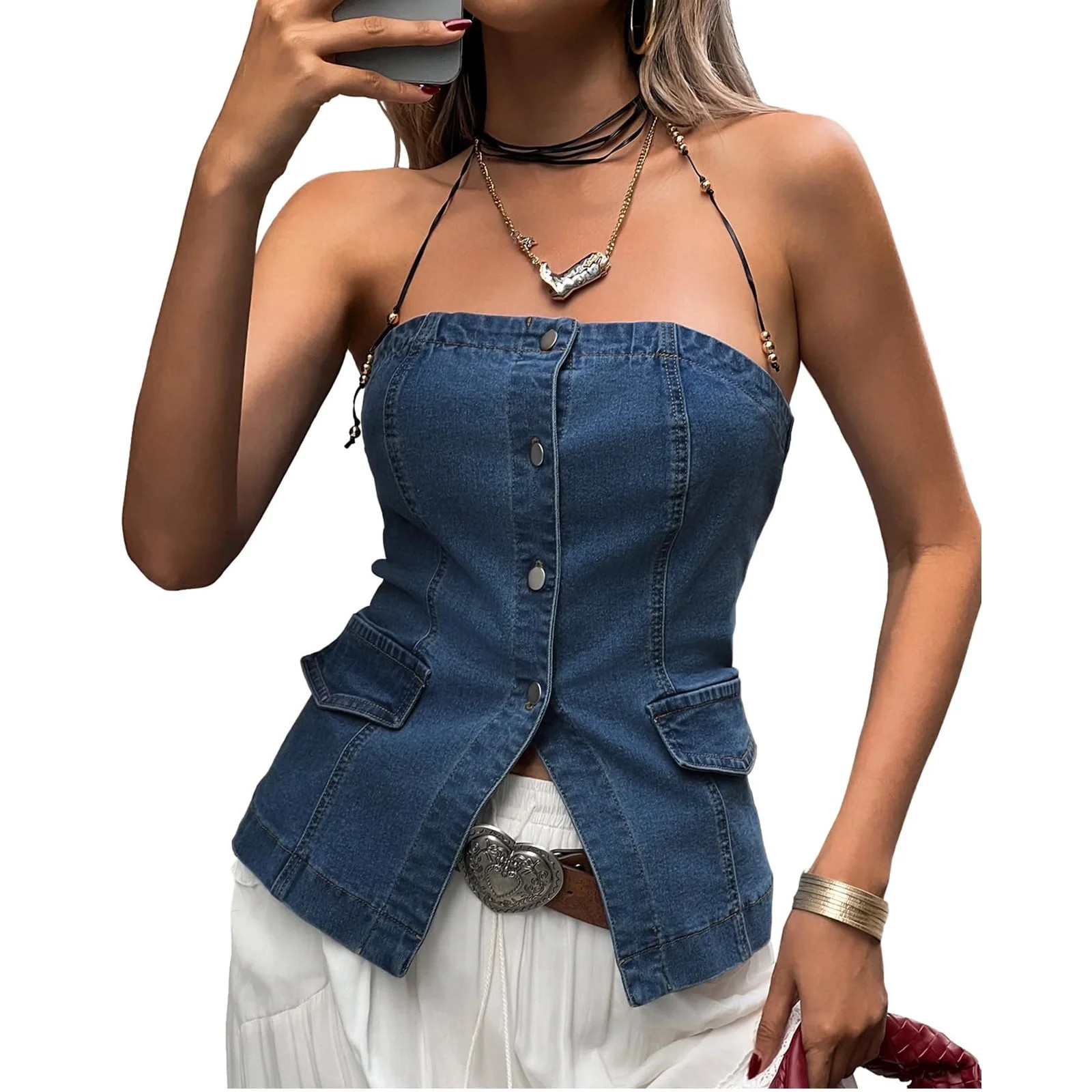 Summer Slim Fit Strapless Wwomen Cold Shoulder Skinny Denim Tank Tops - Walmart.com | Walmart (US)