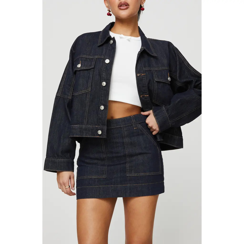 Princess Polly Hughes Boxy Crop Denim Jacket in Dark Blue at Nordstrom, Size 0 | Nordstrom