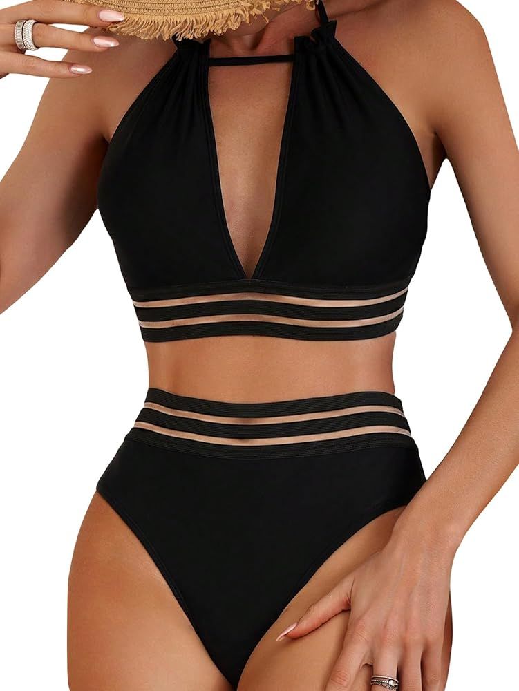 Milumia Women 2 Piece Swimsuits Mesh Insert Halter Top High Waisted Bikini Sets | Amazon (US)