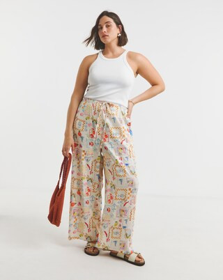 Conversational Print Linen Blend Wide Leg Trouser | Simply Be (UK)