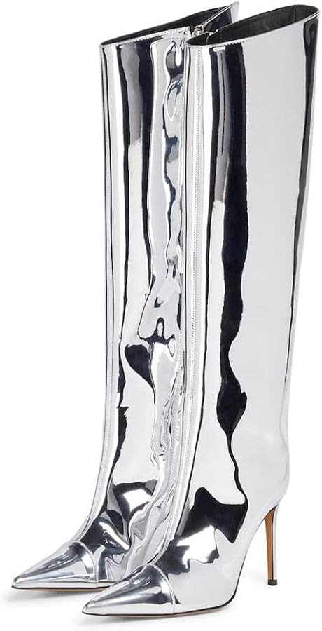 MissHeel Metallic Chrome Stiletto Knee High Fashion Boots with Side Zipper | Amazon (US)