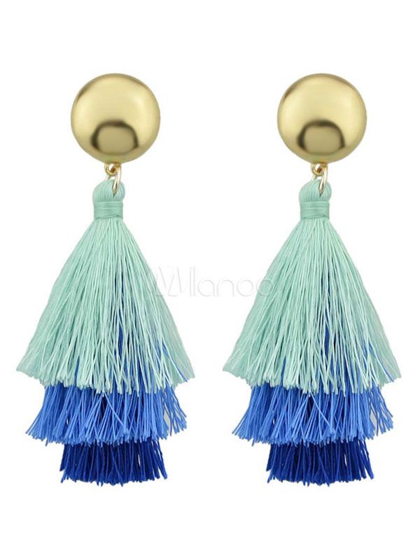 Women Dangle Earring Layered Color Block Blue Tassel Earring | Milanoo