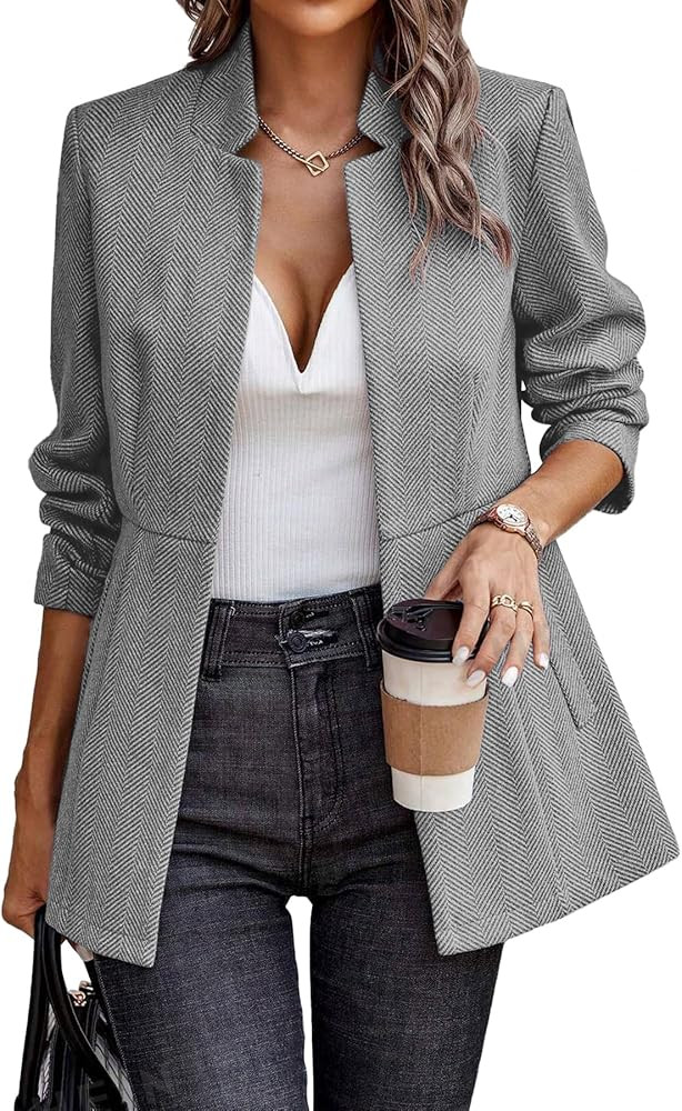 ELLEVEN Women’s Open Front Herringbone Blazer-Business Casual Long Sleeve Work Jacket with Full... | Amazon (US)