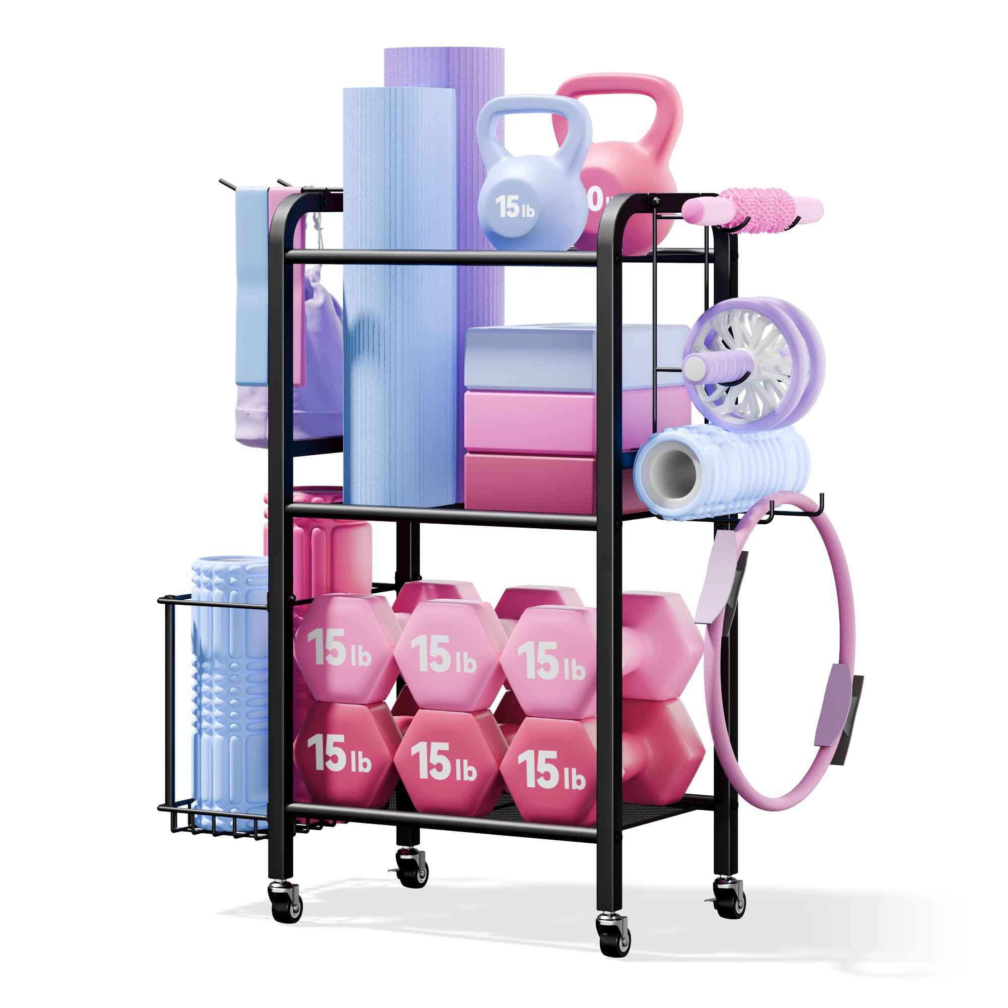 3-Tier Heavy-Duty Home Gym Storage Rack with Hooks and Smooth Wheels for Workout Gear | Amazon (US)