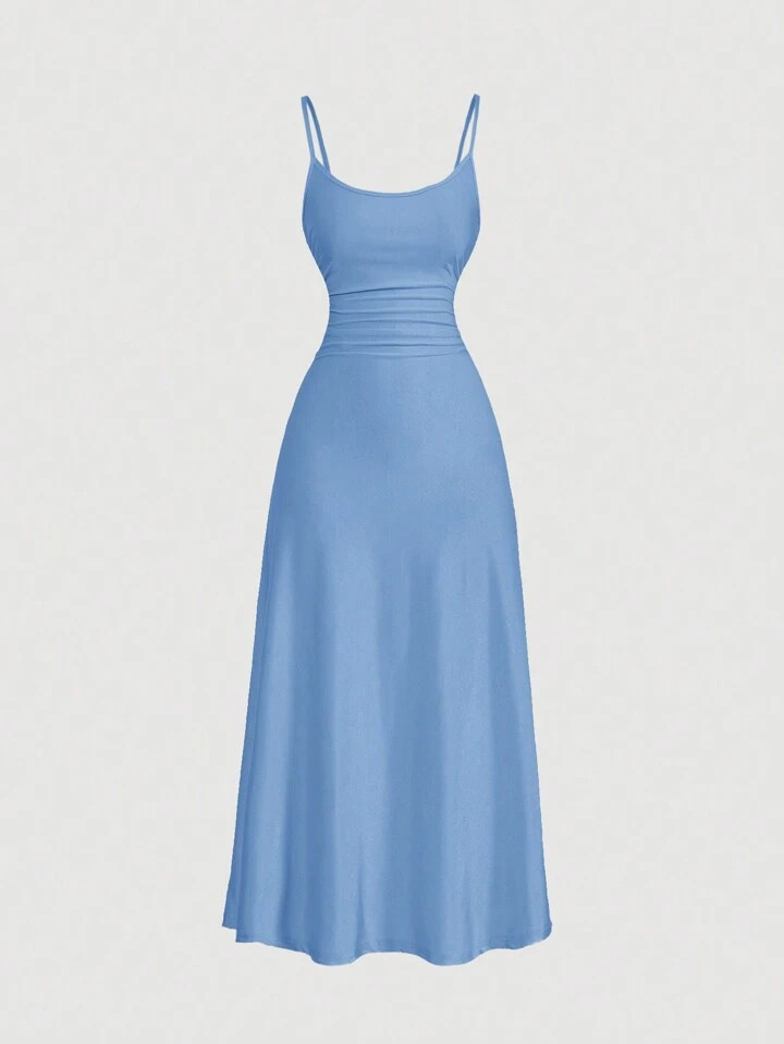 SHEIN MOD Belted Gathered Flare Hem Maxi Sleeveless Blue Dress | SHEIN