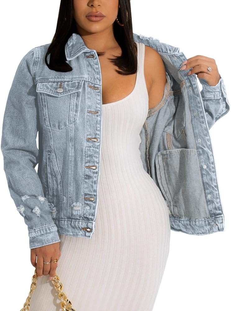 Aomice Women's Denim Jacket Distressed Ripped Jean Coats | Amazon (US)
