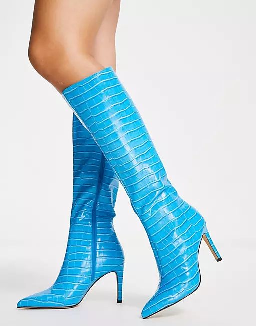 London Rebel pointed stiletto knee boots in blue croc | ASOS (Global)