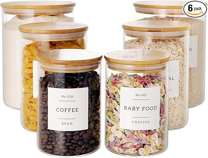 Set of 6 Glass Flour and Sugar jars with 132 Kitchen Pantry Labels - Thicken Large Glass Storage ... | Amazon (US)