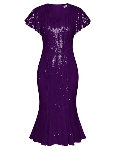 Mother of The Bride Dresses for Wedding Dresses for Women Formal Sequin Dress Sparkly Glitter Cocktail Party Dress with Belt Purple | Amazon (US)