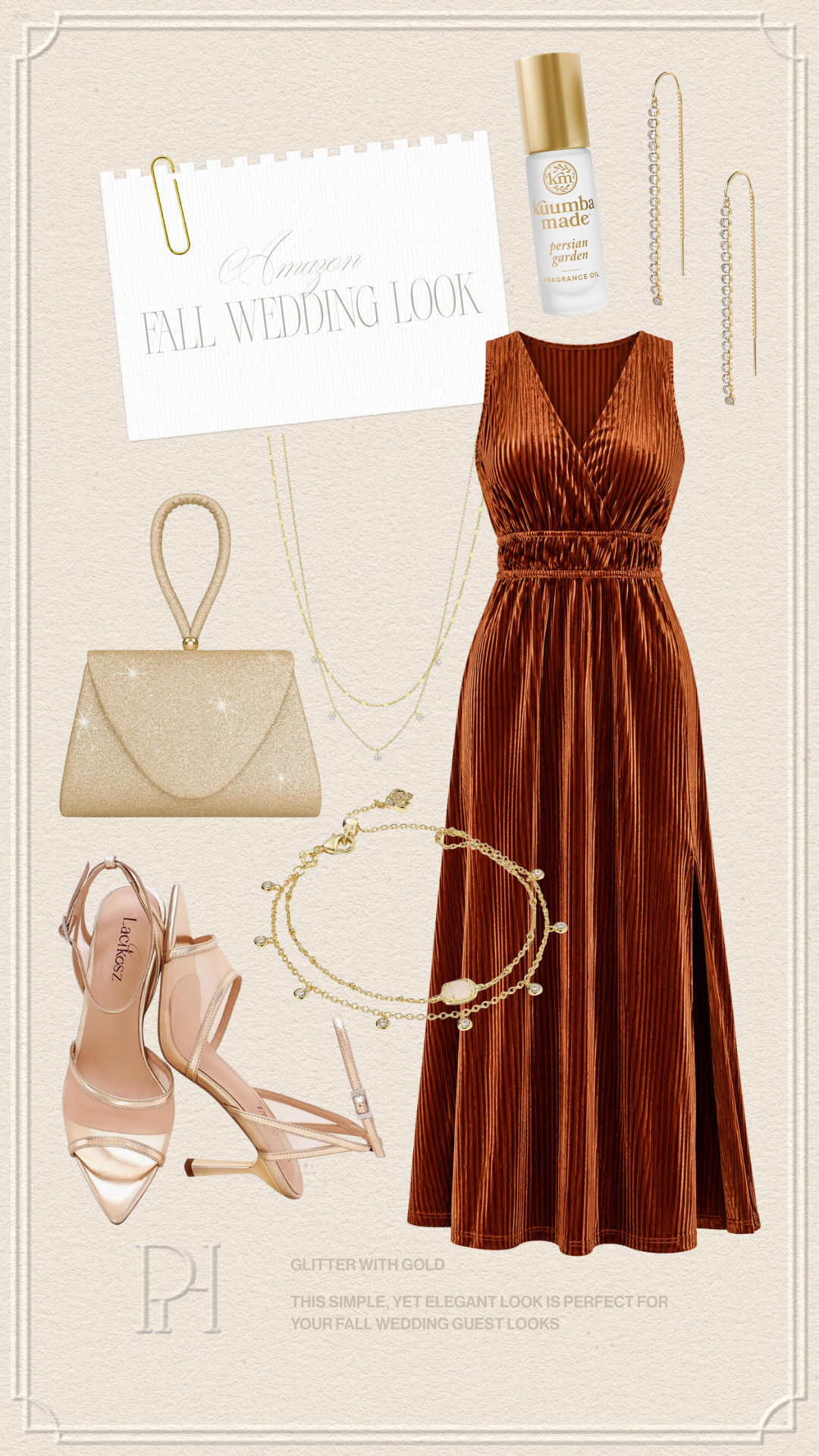 Amazon finds that are great for a fall wedding guest look!

fall wedding guest dress, fall wedding guest outfit, fall wedding guest style, fall dress, formal dress, burnt orange dress, bronze dress, gold accessories, dangling earrings, rhinestone earrings, gold handbag, clutch handbag, evening look, gold sandals, high heeled sandals, wedding guest shoes, champagne shoes, roll on perfume, women's fragrance 

 #LTKgrwm #LTKootd #LTKWedding