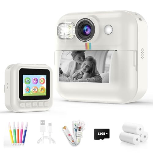 Instant Print Camera for Kids, 3-12 Year Old Girls Boys Gifts, 1080P Video Children Digital Camera with 32GB Card, Kids Christmas Birthday Gifts Toddler Photo Camera Toys for Age 3 4 5 6 7 8 9 White | Amazon (US)