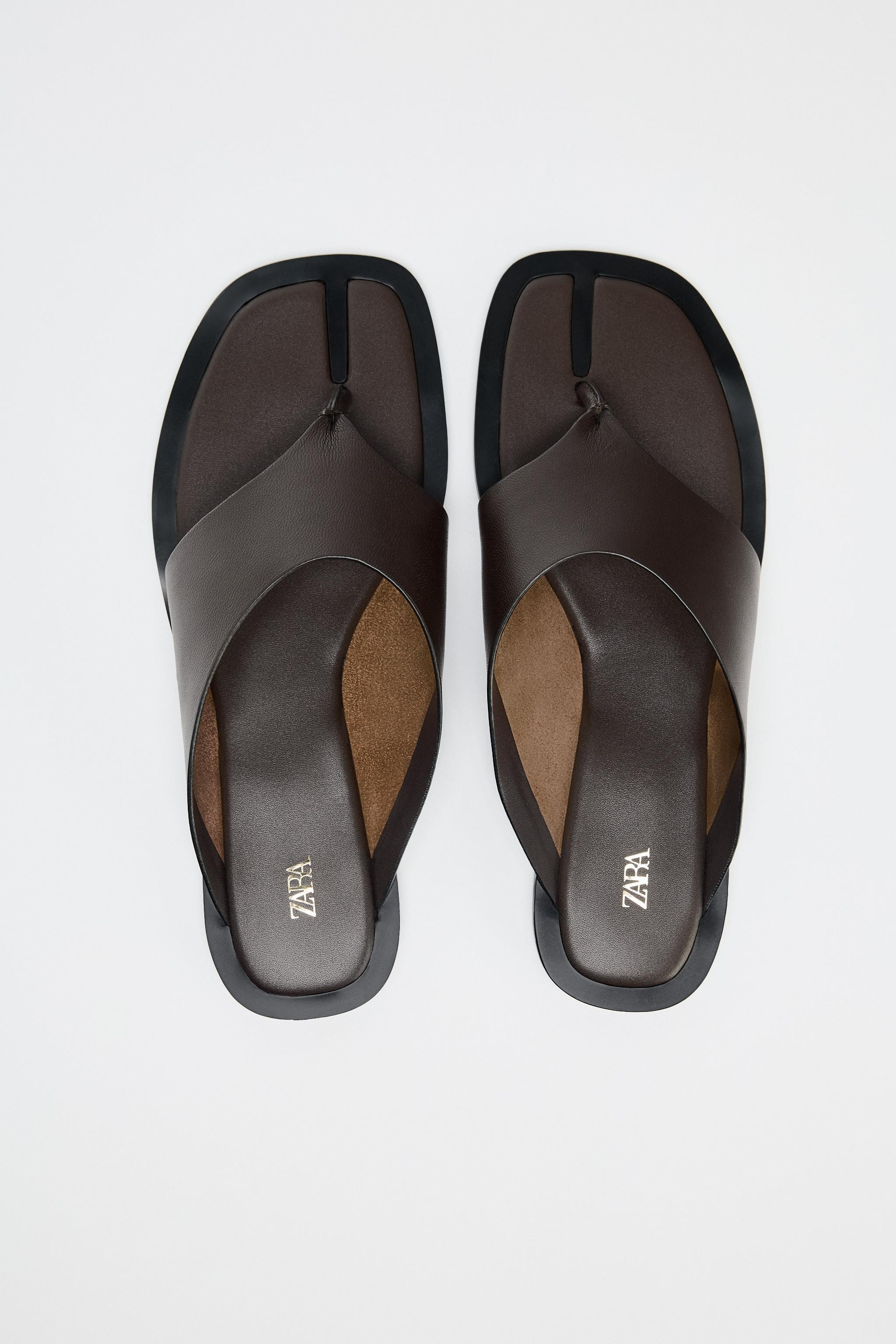 Flat leather sandals. Wide front strap with toe loop. Sole height: 0.4 inches (1 cm). | Zara US