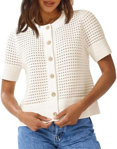 Saodimallsu Womens Crochet Short Sleeve Cardigans Button Up Crew Neck Summer Beach Knit Sweater T... | Amazon (US)