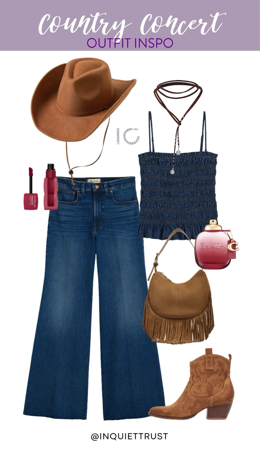 Denim dreams and cowboy boots for a country concert! Loving this complete look featuring wide-leg jeans, a smocked top with ruched details, and the perfect accessories like this cowboy hat, a fringed handbag, and some suede boots. 
#westernfashion #bohostyling #nashvillelooks #southernwardrobe #cowboycarterinspired

#LTKU #LTKSeasonal #LTKStyleTip