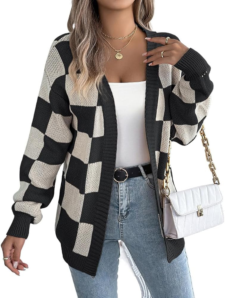 Mywinway Women's Checkered Cardigan Sweaters Fall Fashion Open Front Long Sleeve V Neck Cute Knit... | Amazon (US)