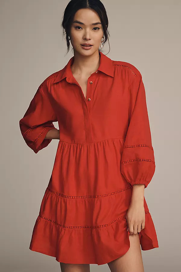 The Bettina Linen Blend Tiered Mini Shirt Dress by Maeve | Anthropologie (US)