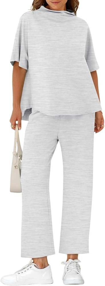 Yousify Women's Two Piece Sets 3/4 Batwing Sleeve Capelet Crew Neck Pullover Top Wide Leg Pants L... | Amazon (US)