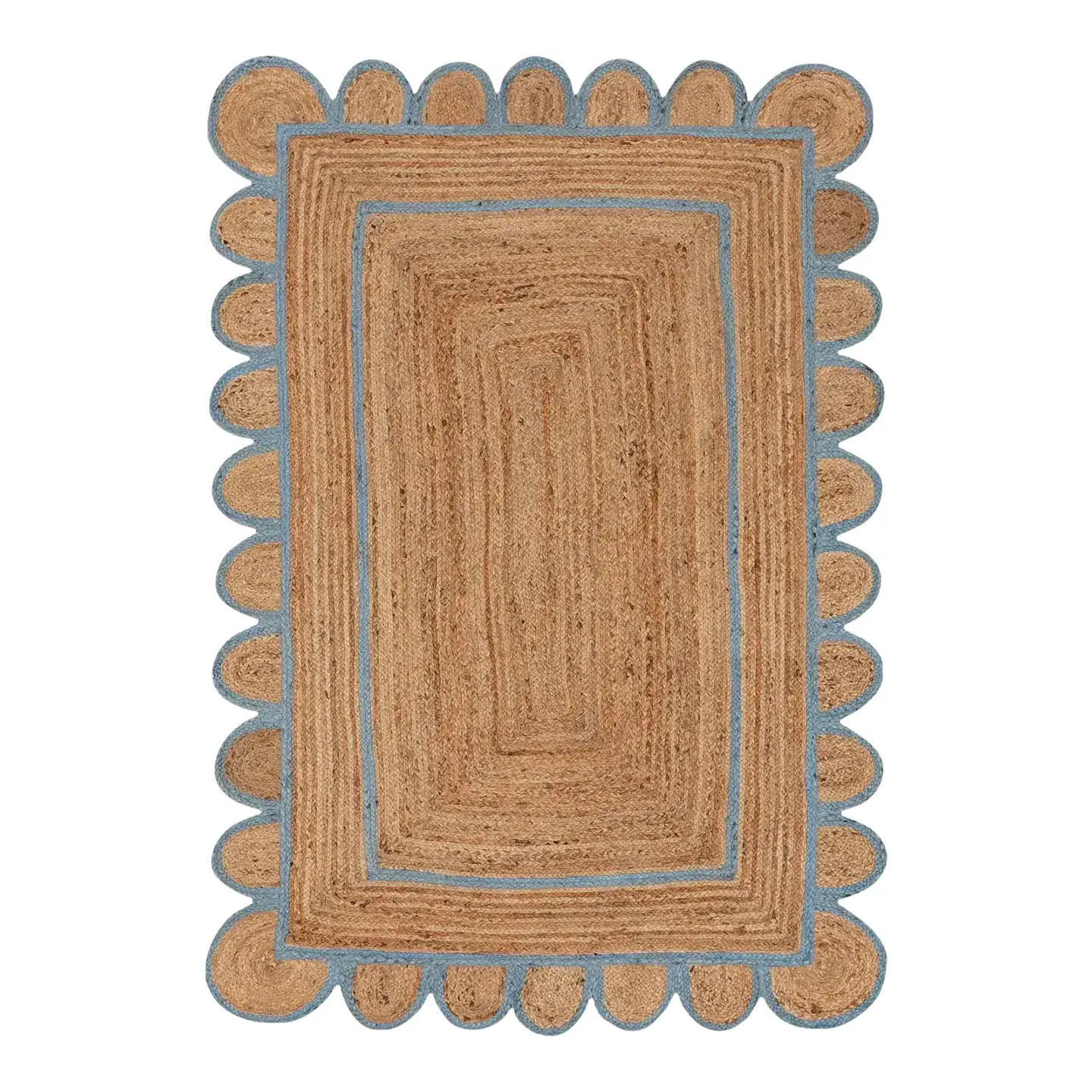 Light Blue Jute Scallop Handmade Bohomian Runner Rug 5x12 Ft. | Chairish