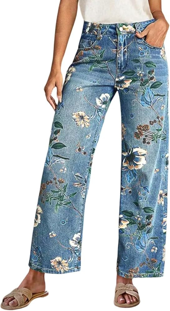 Floral Straight Leg Jeans for Women Baggy Boyfriend High Waisted Barrel Jeans Trendy Summer Flora... | Amazon (US)