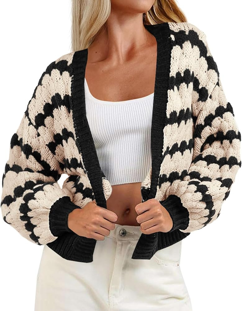 Saodimallsu Womens Cropped Cardigan Striped Open Front Long Lantern Sleeve Color Block Loose Chun... | Amazon (US)